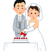 新郎・新婦がウエディングケーキに入刀しているイラスト