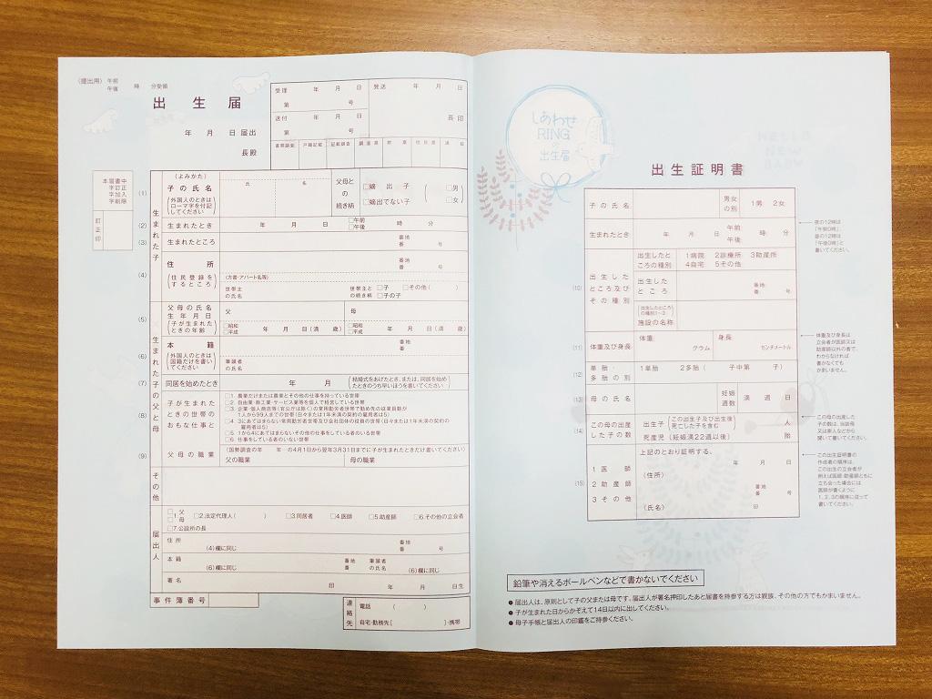 淡い水色を基調とした出生届の写真
