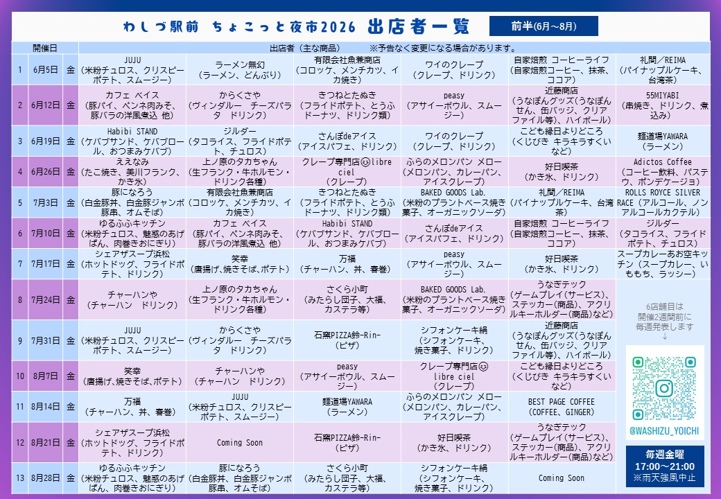 ちょこっと夜市出店スケジュール