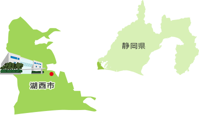 静岡県の最も西に位置する湖西市。市内中央東部に位置する市役所を示す地図。