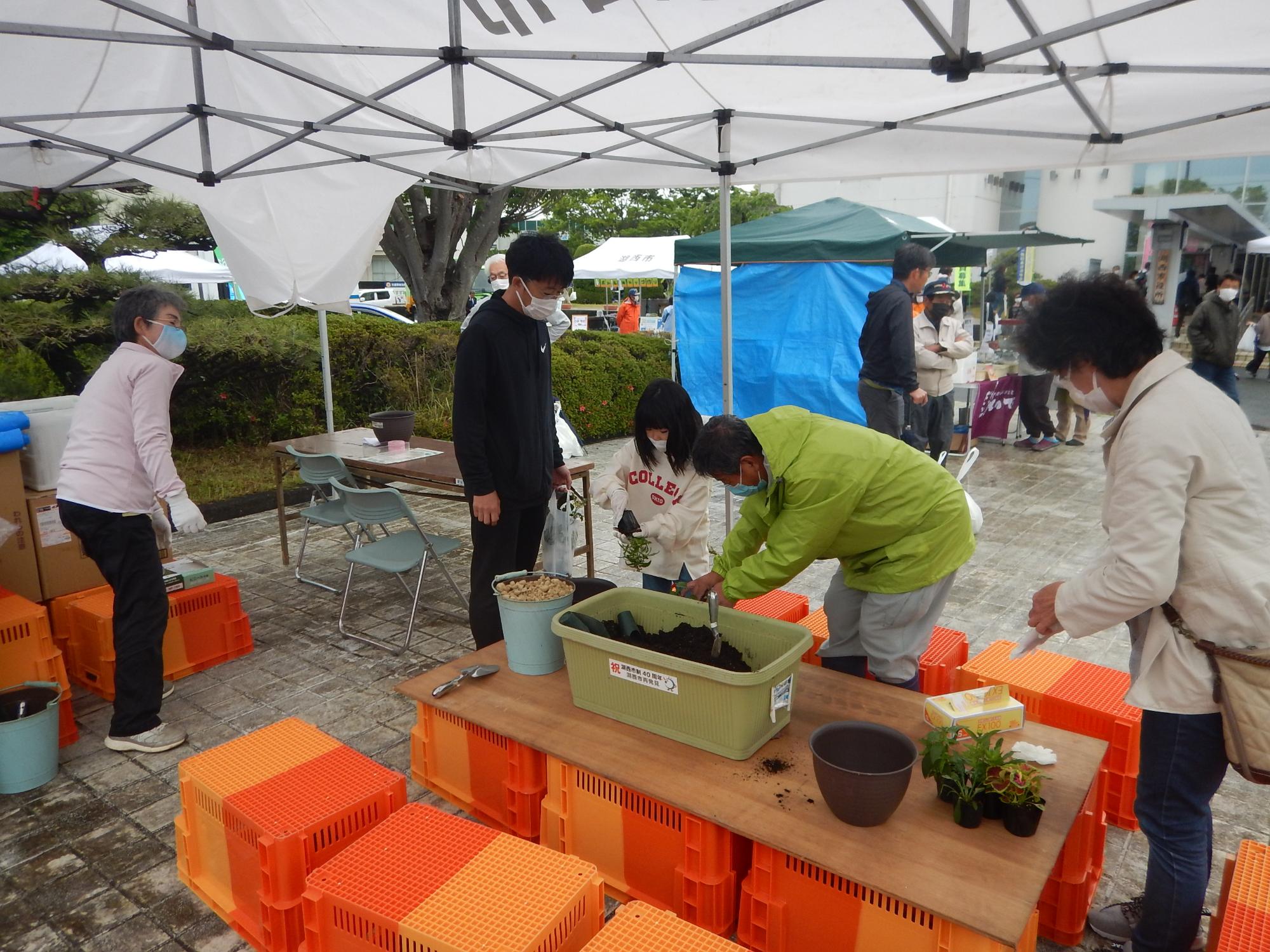 寄せ植え体験をしている写真