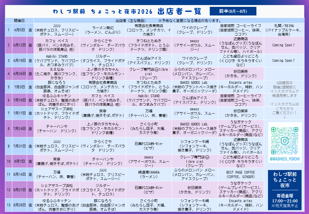 ちょこっと夜市出店スケジュール