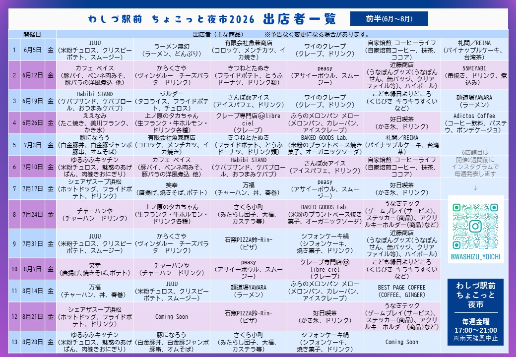 ちょこっと夜市出店スケジュール