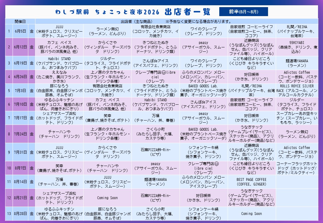 ちょこっと夜市出店スケジュール
