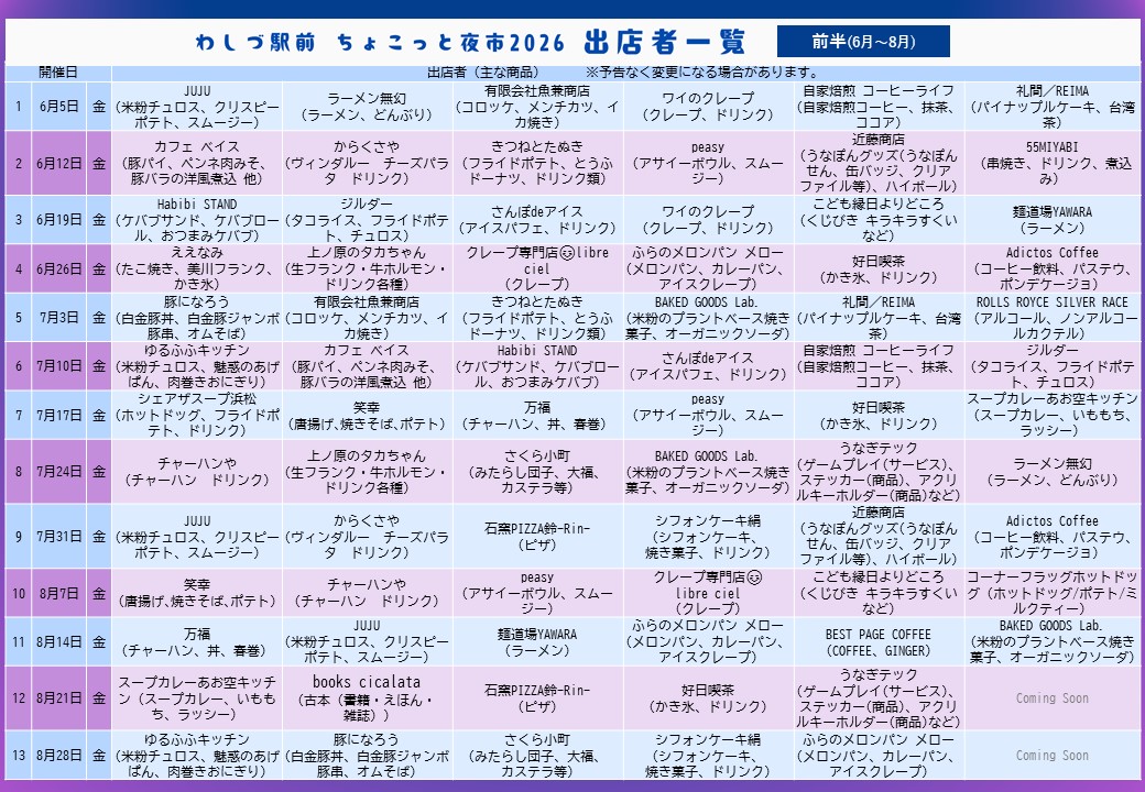 ちょこっと夜市出店スケジュール