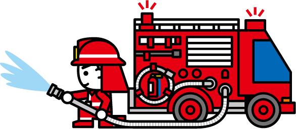 消防車の横で消防士が放水をしているイラスト